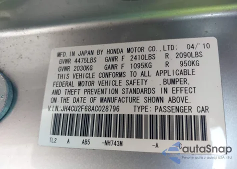 2010 Acura Tsx 2.4 z USA, uszkodzony, nr VIN JH4CU2F68AC028796